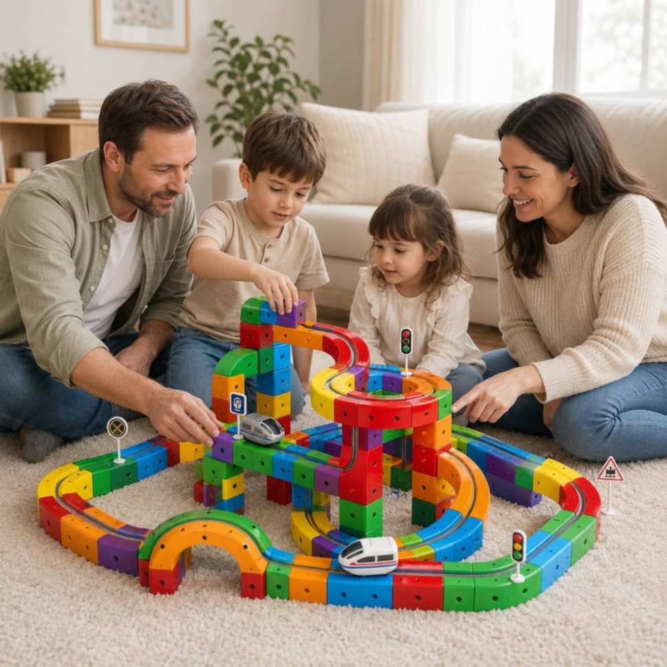 Familie construiește împreună traseul modular Cube Track cu piese colorate