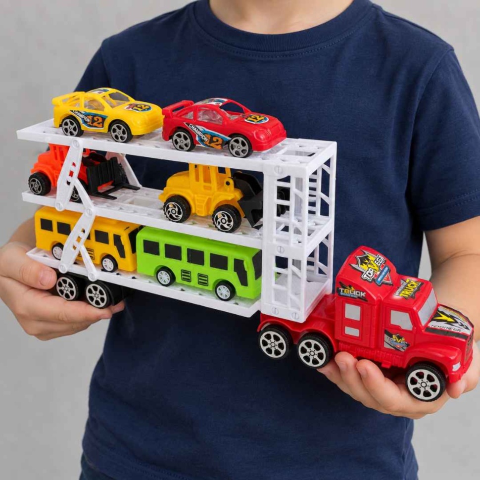 Camion transportor cu două mașinuțe, două utilaje și două autobuze, ținut în mâinile unui copil