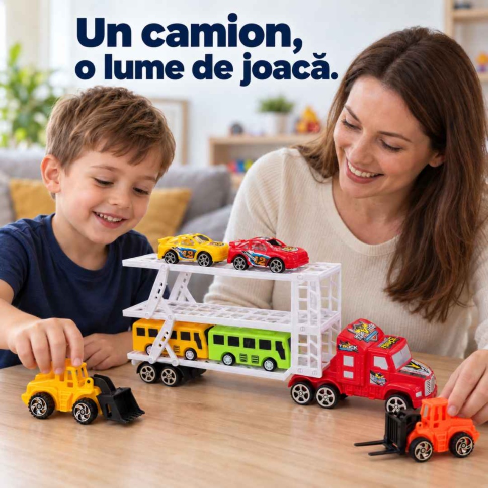 Copil și mamă se joacă cu utilajele lângă camionul transportor cu trei niveluri