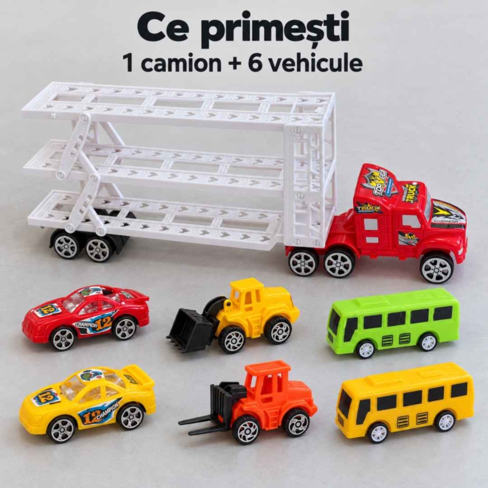 Conținutul setului: un camion transportor, două mașinuțe, două utilaje și două autobuze