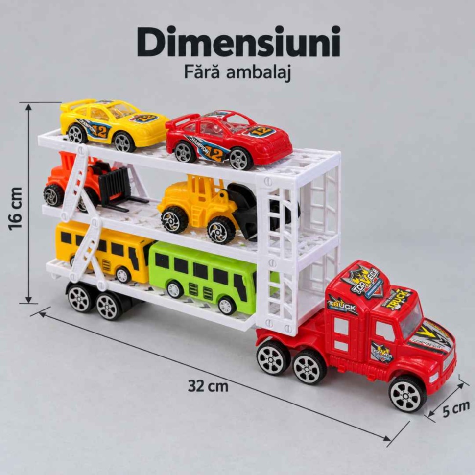 Dimensiunile camionului fără ambalaj: 32 cm lungime, 16 cm înălțime și 5 cm lățime