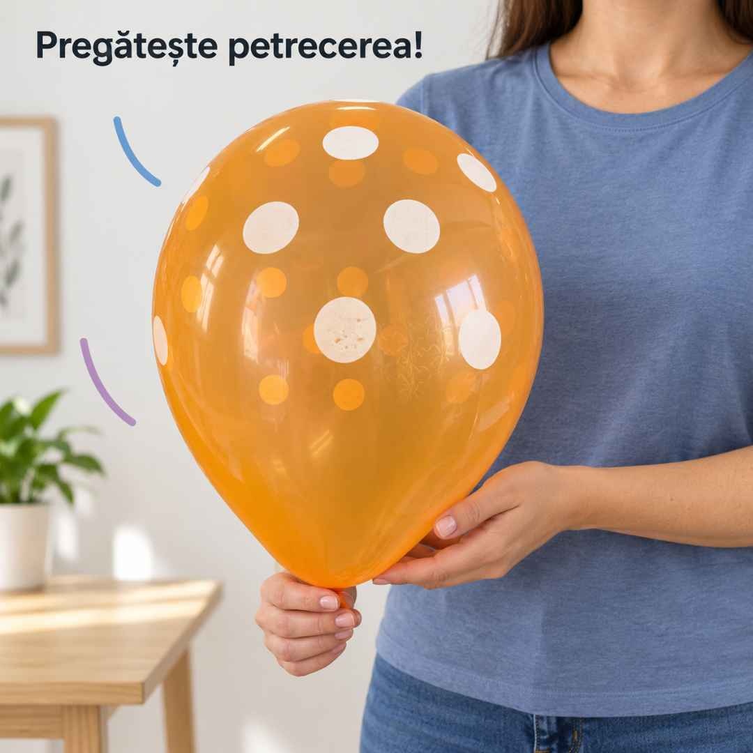 Adult pregătește un balon portocaliu cu buline albe pentru decorul petrecerii