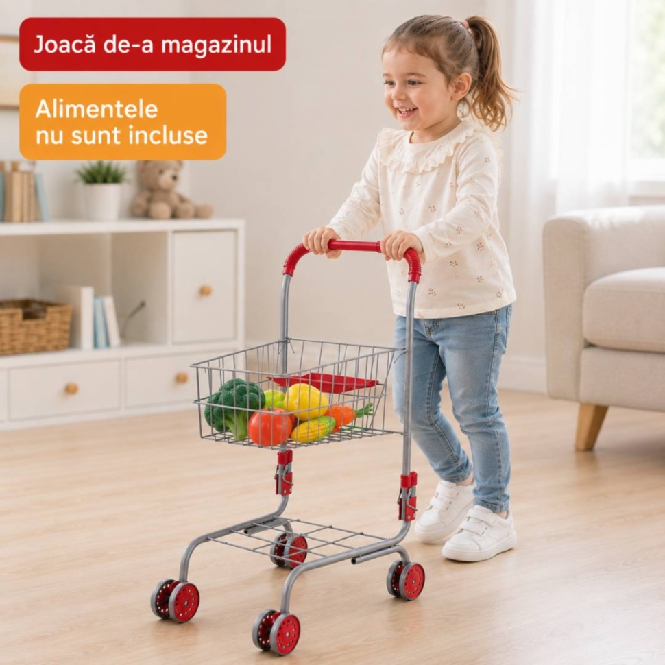 Fetiță împinge căruciorul de cumpărături pentru copii cu coș metalic