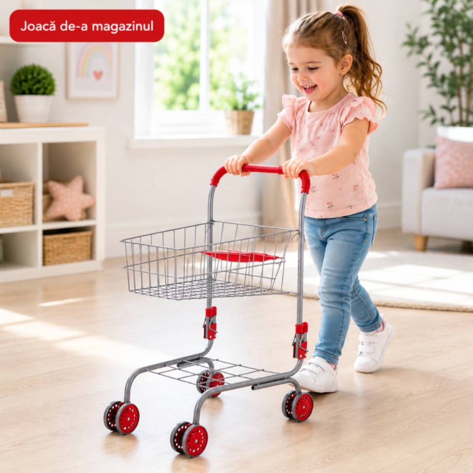 Fetiță se joacă de-a magazinul cu un cărucior de cumpărături pentru copii