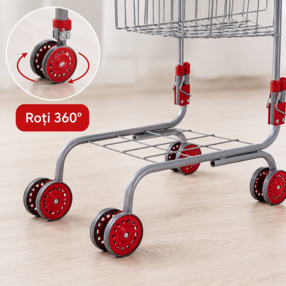 Detaliu roți pivotante 360° ale căruciorului de cumpărături pentru copii