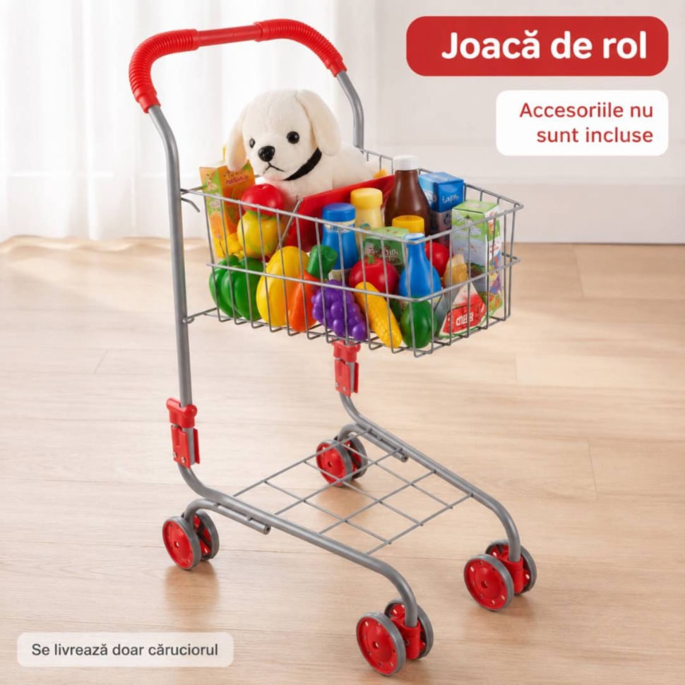 Cărucior de cumpărături de jucărie livrat fără alimente, păpușă sau alte accesorii