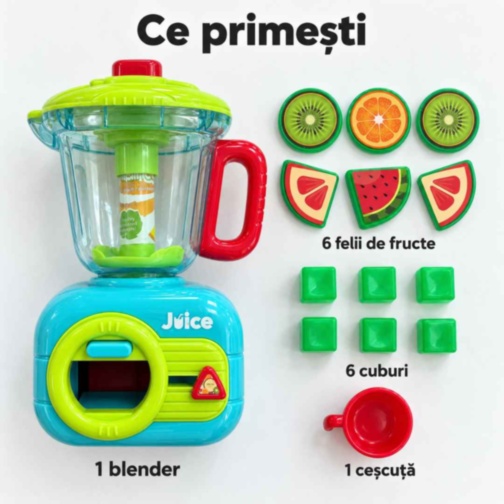 Blender mecanic de jucărie cu fructe și ceșcuță