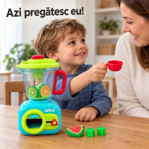 Blender mecanic de jucărie cu fructe și ceșcuță