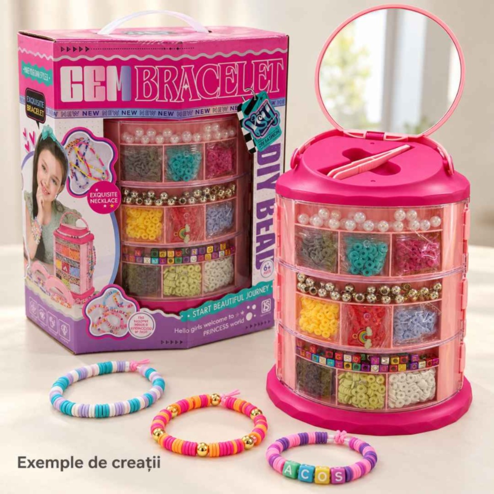 Set creativ pentru brățări cu organizator roz, oglindă, cutie și exemple de creații