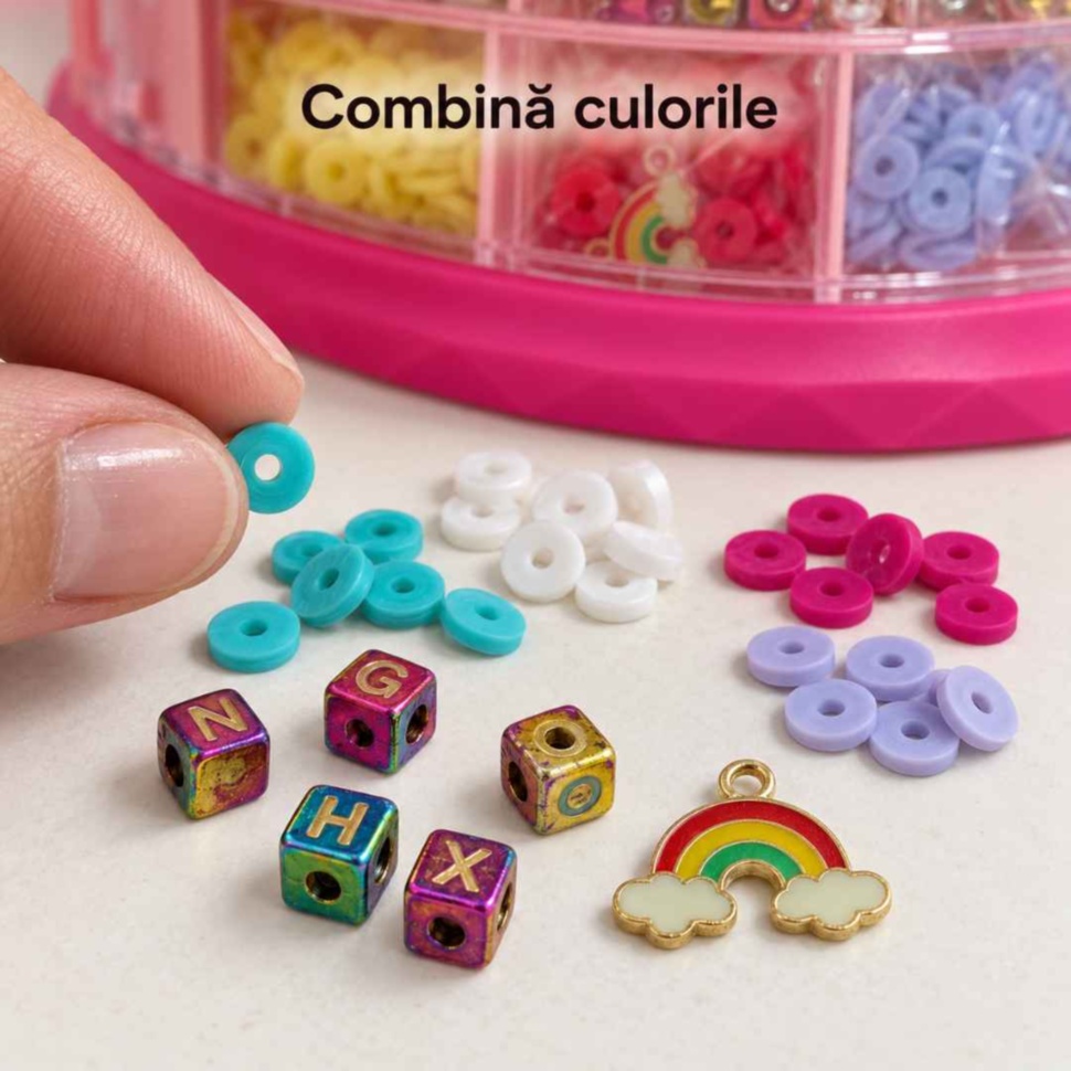 Detaliu cu mărgele colorate, cuburi cu litere și pandantiv pentru brățări personalizate