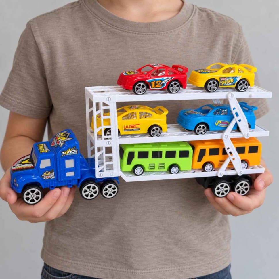 Camion transportor de 32 cm cu patru mașinuțe și două autobuze, ținut în mâinile unui copil