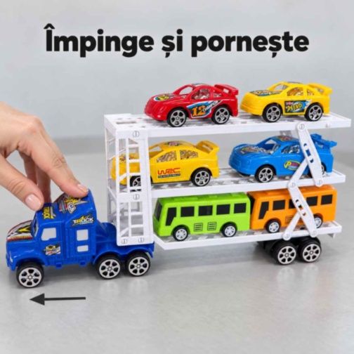 Camion transportor cu inerție, patru mașinuțe și două autobuze