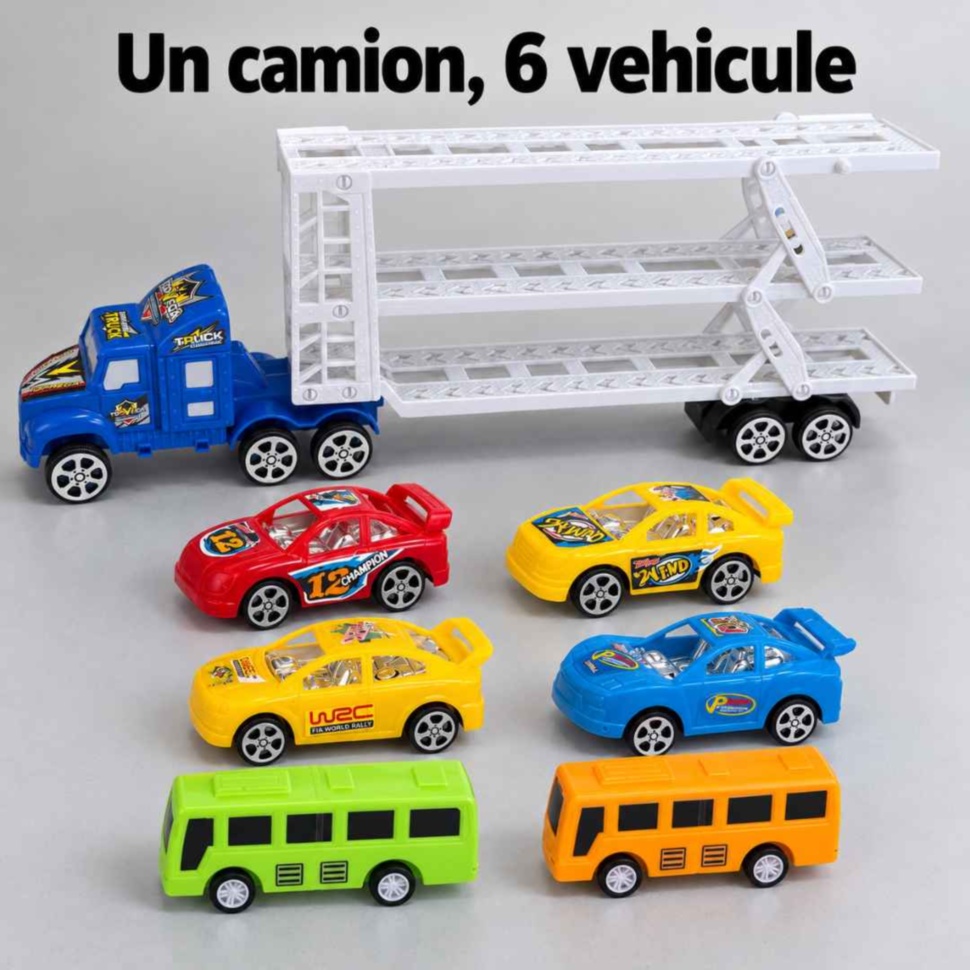 Conținutul setului: un camion transportor, patru mașinuțe și două autobuze