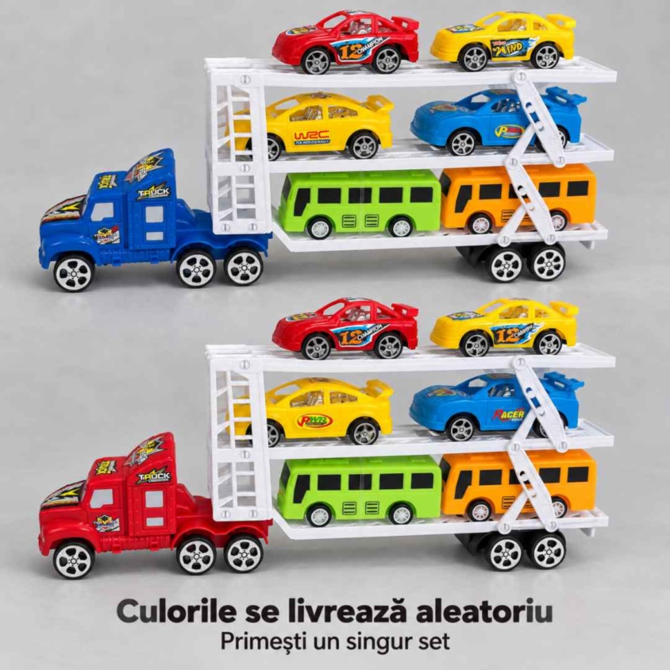 Camion transportor cu cabină albastră sau roșie; culoare aleatorie și un singur set primit