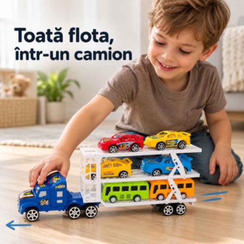 Camion transportor cu inerție, patru mașinuțe și două autobuze
