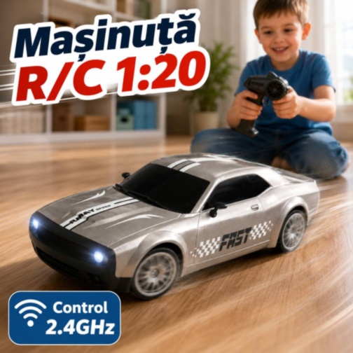 Mașinuță RC 1:20 cu telecomandă, lumini și conuri