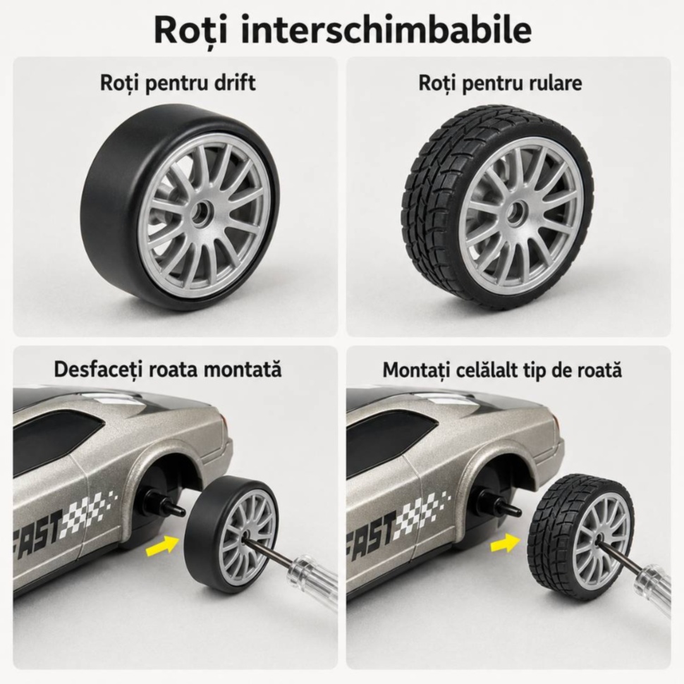 Roți interschimbabile pentru drift și rulare la mașinuța RC