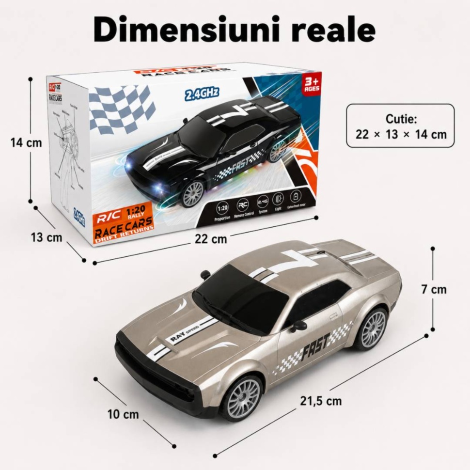Dimensiunile mașinuței RC 1:20 și ale cutiei