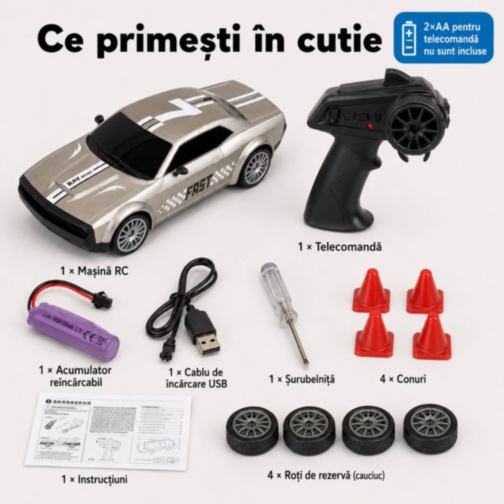 Mașinuță RC 1:20 cu telecomandă, lumini și conuri