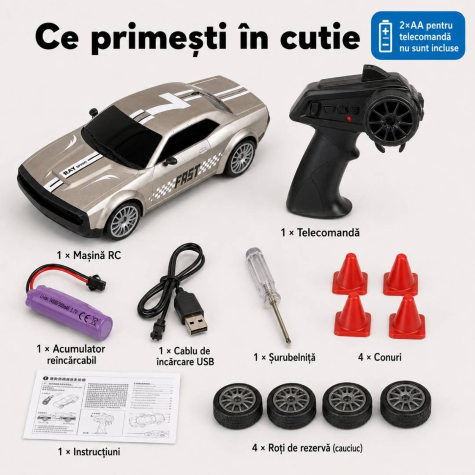 Conținutul cutiei mașinuței RC cu telecomandă, acumulator, roți și conuri