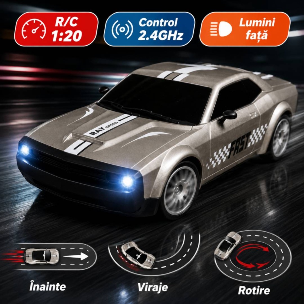 Mașinuță RC 1:20 cu lumini și control 2.4GHz pe traseu