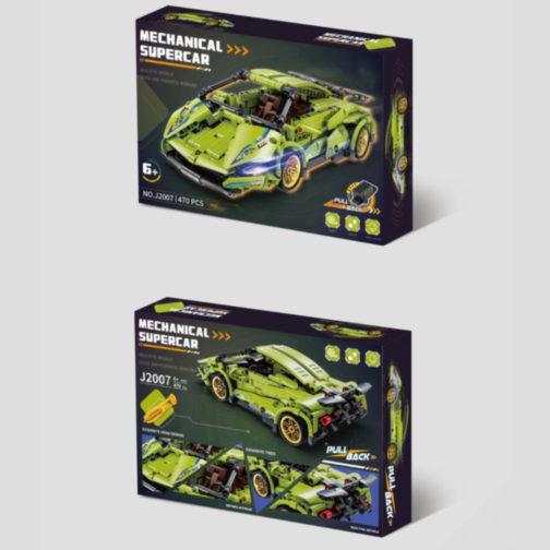 Mașină Supercar Mecanică Verde cu Funcție Pull-Back, Set de 470 Piese  