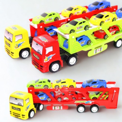 Camion Trailer Transport cu 6 Mașinuțe de Jucărie (culoare aleatorie)