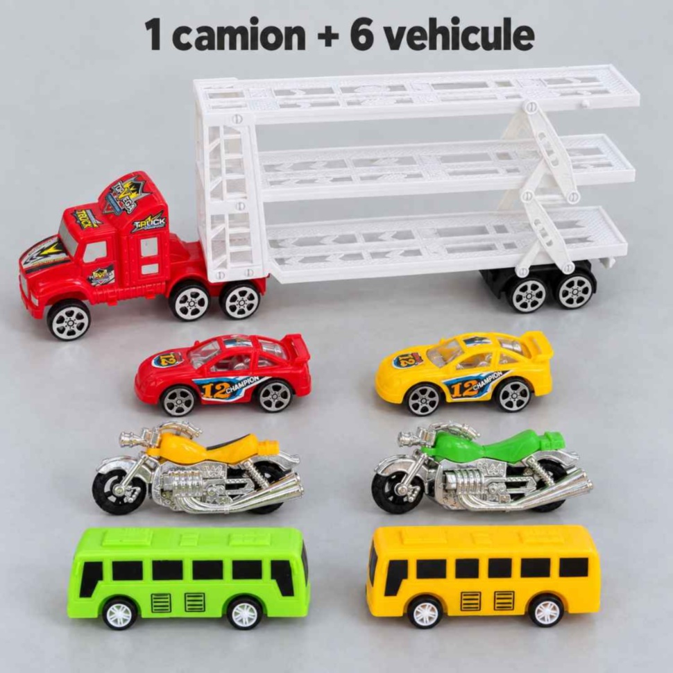 Conținutul setului: camion transportor, două mașinuțe, două motociclete și două autobuze
