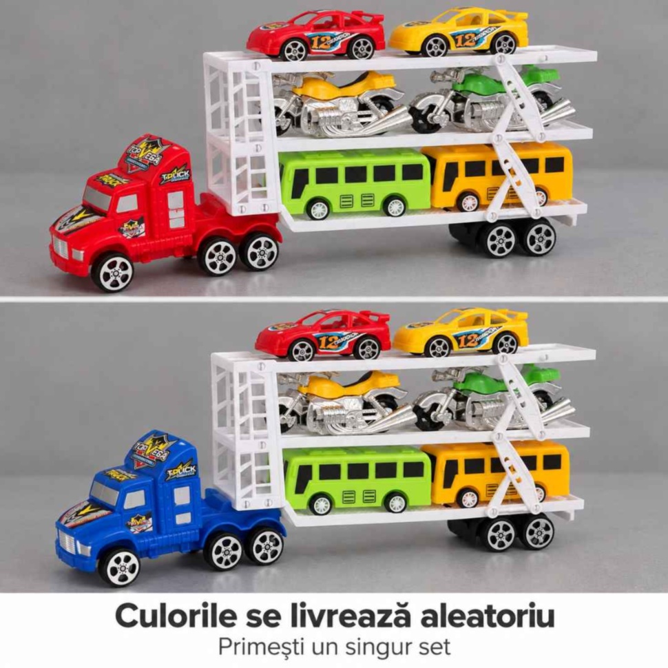 Camion transportor cu cabină roșie sau albastră; culoarea se livrează aleatoriu și se primește un singur set