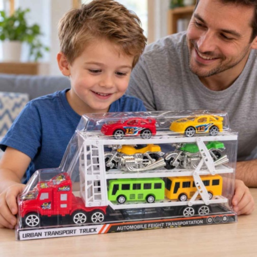 Camion transportor cu inerție și șase vehicule incluse