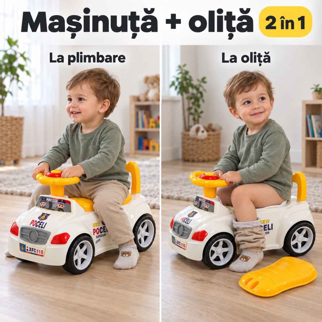 Mașinuță ride-on 2 în 1 pentru copii, prezentată la plimbare și ca oliță