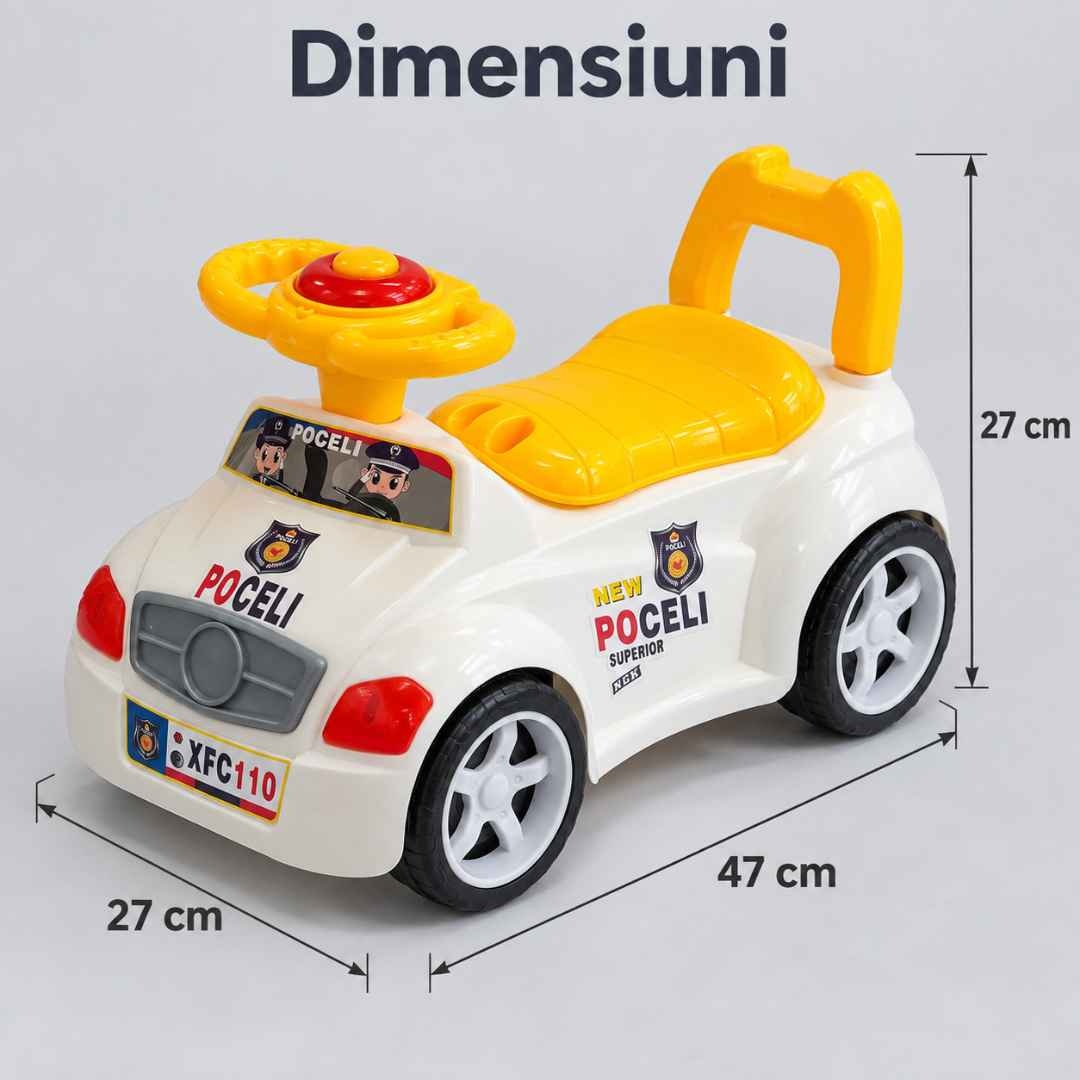 Dimensiunile mașinuței cu oliță: 47 cm lungime, 27 cm lățime și 27 cm înălțime