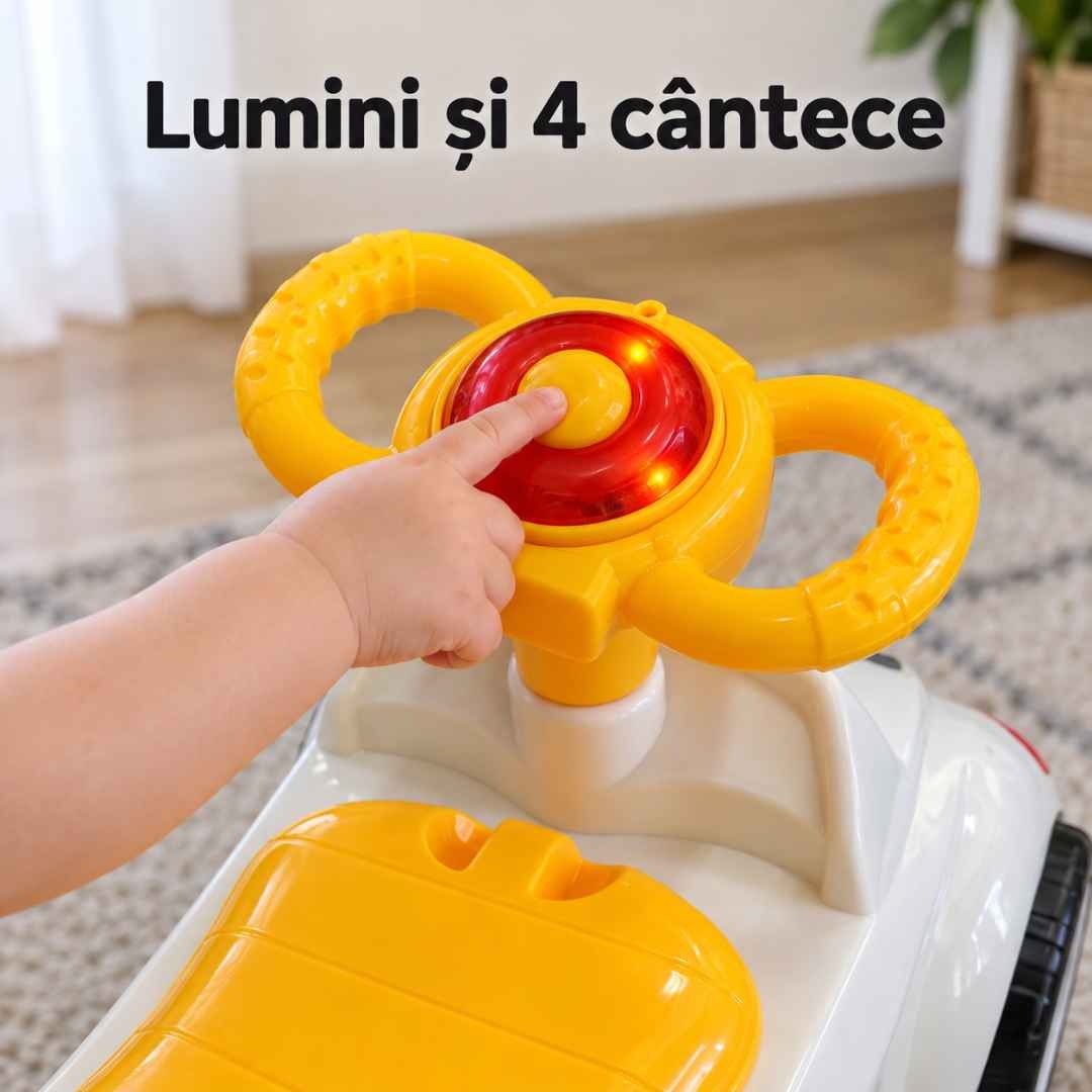 Butonul de pe volanul mașinuței activează luminile și cele 4 cântece