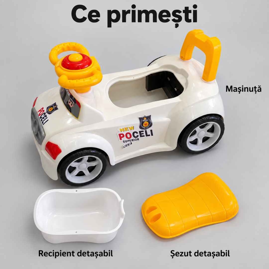 Conținutul pachetului: mașinuță ride-on, recipient pentru oliță și șezut detașabil