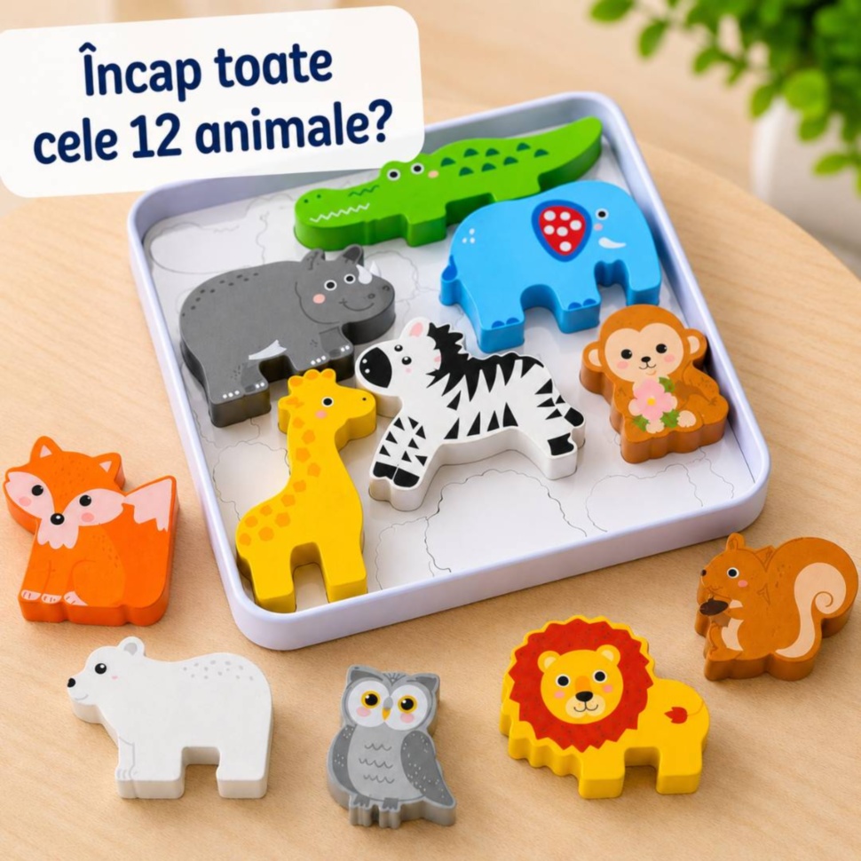Puzzle Tetris din lemn cu 12 animale sălbatice și cutie metalică