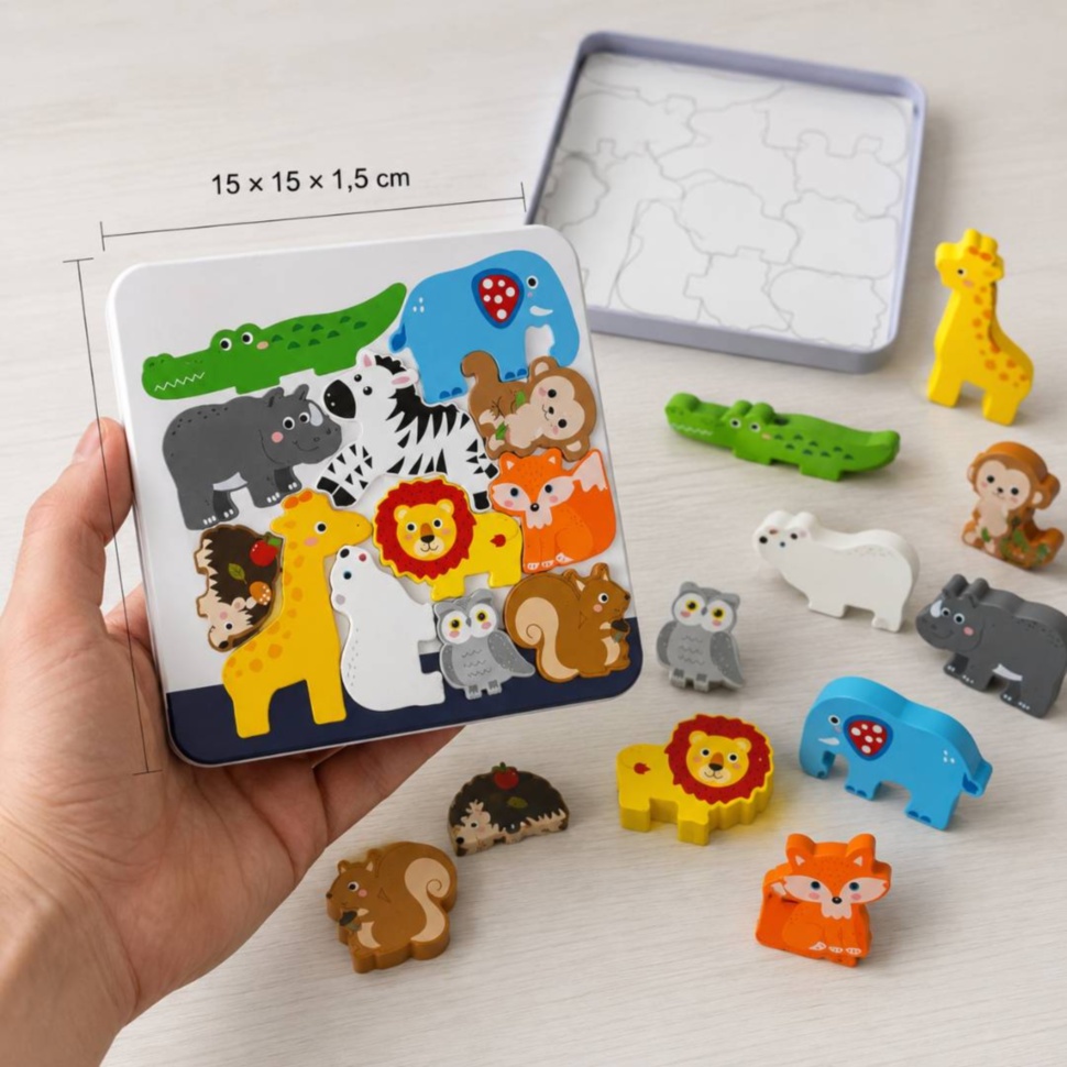 Dimensiuni puzzle Tetris din lemn cu cutie metalică 15 × 15 × 1,5 cm