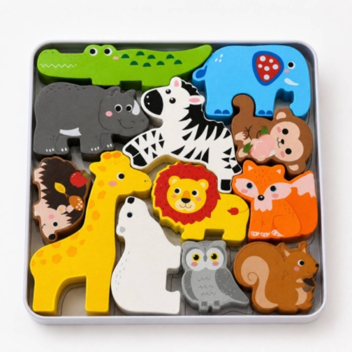 Puzzle din lemn cu animale sălbatice în cutie