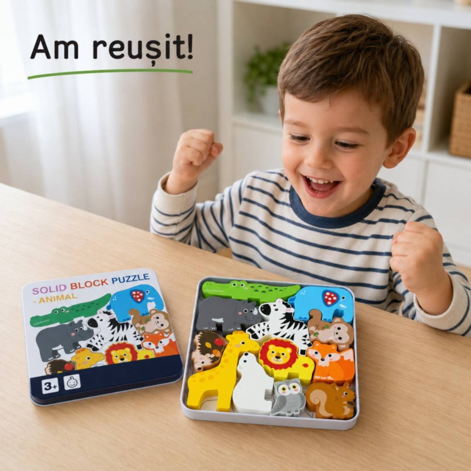 Copil se bucură după completarea puzzle-ului cu 12 animale