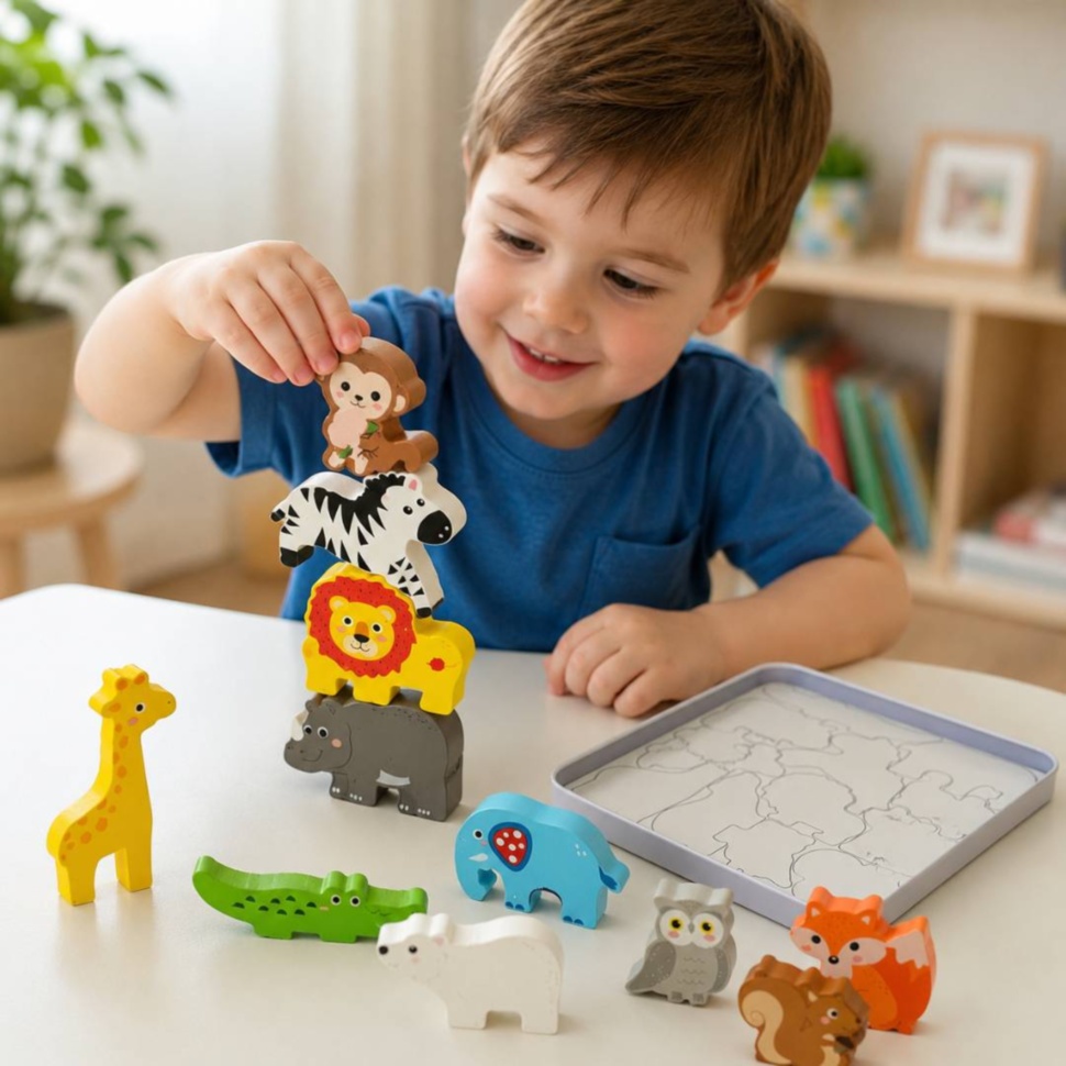 Copil construiește un turn cu animalele din lemn ale puzzle-ului