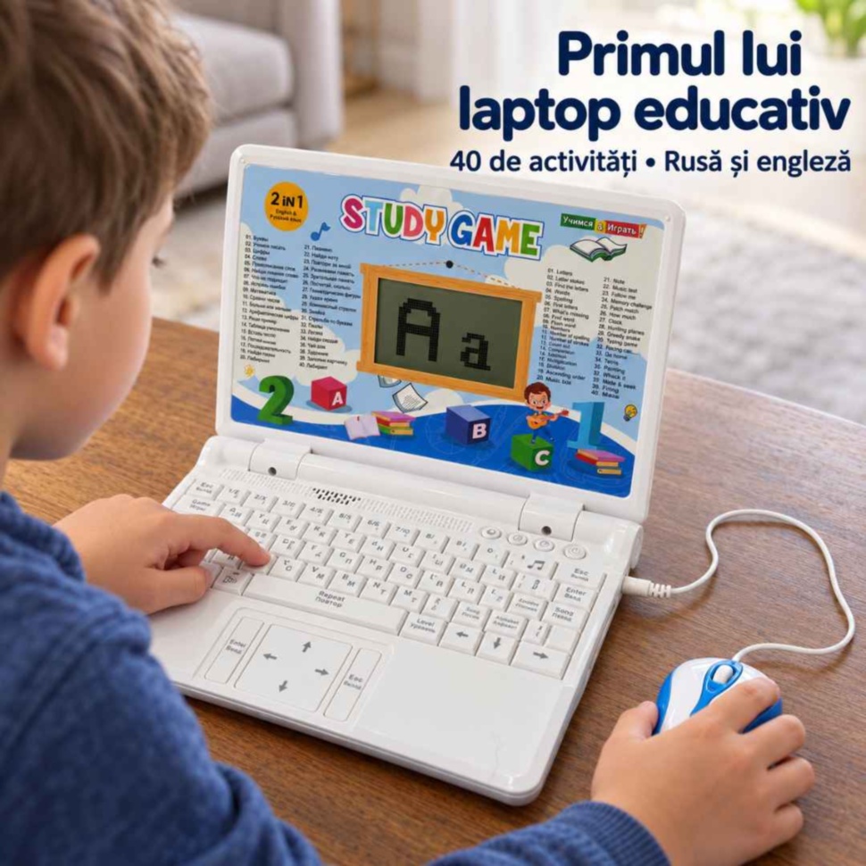 Copil folosind laptopul educativ Study Game cu tastatură și mouse cu fir