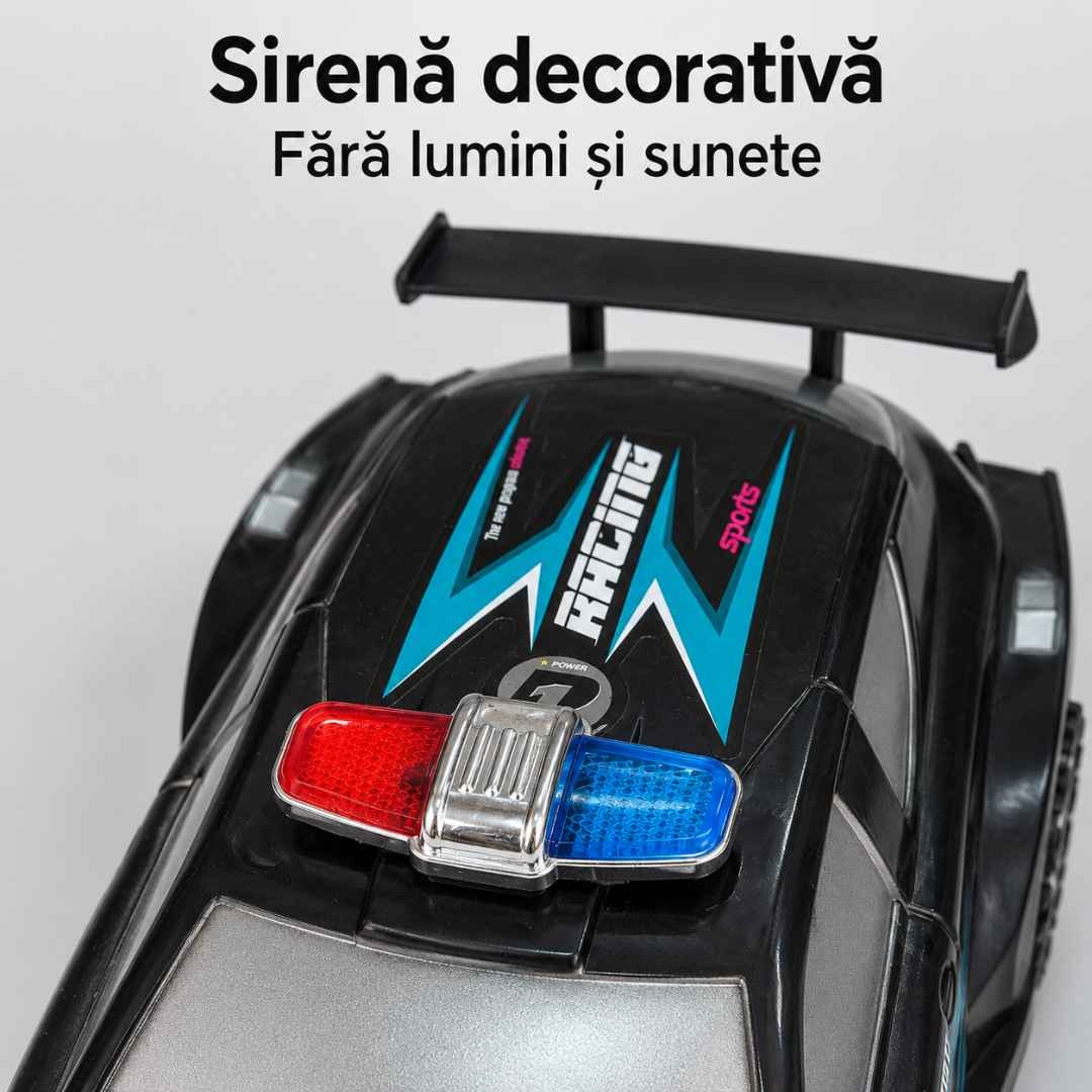 Sirena decorativă roșu-albastră și spoilerul negru al mașinii; fără lumini și sunete