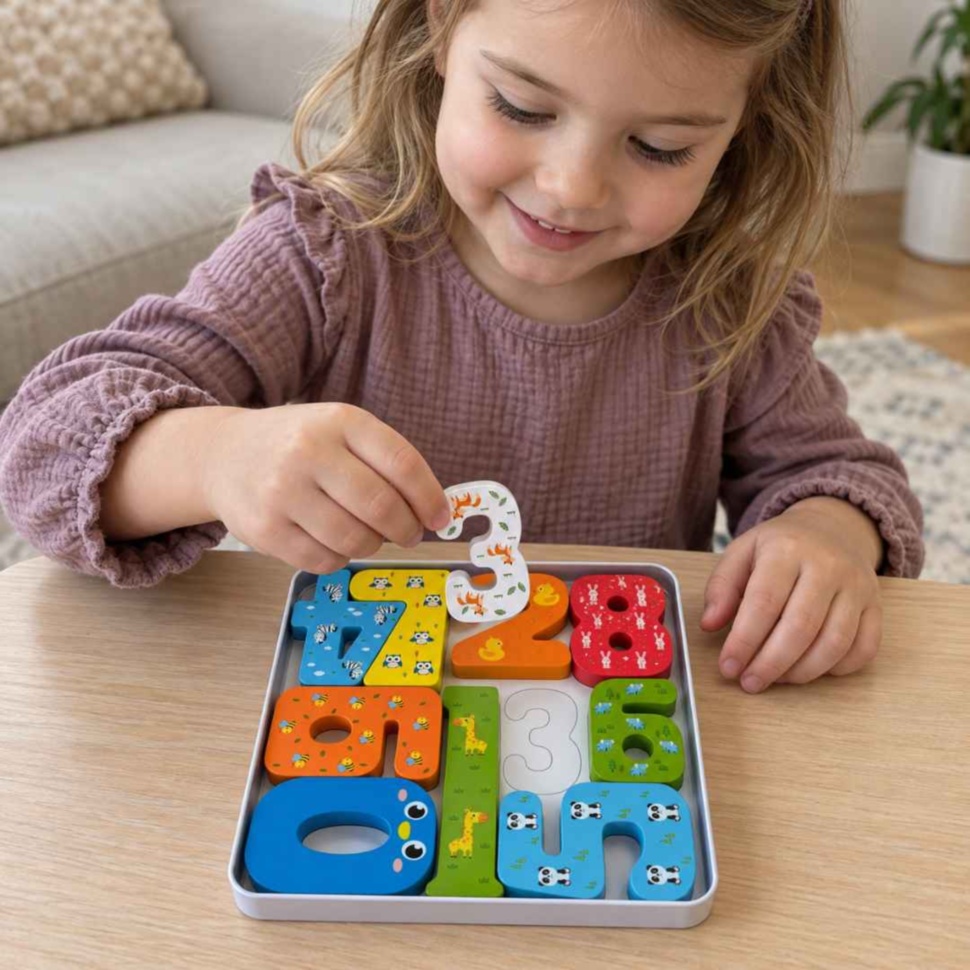 Fetiță potrivește cifra 3 în puzzle-ul din lemn cu cifre și animale, în cutie metalică