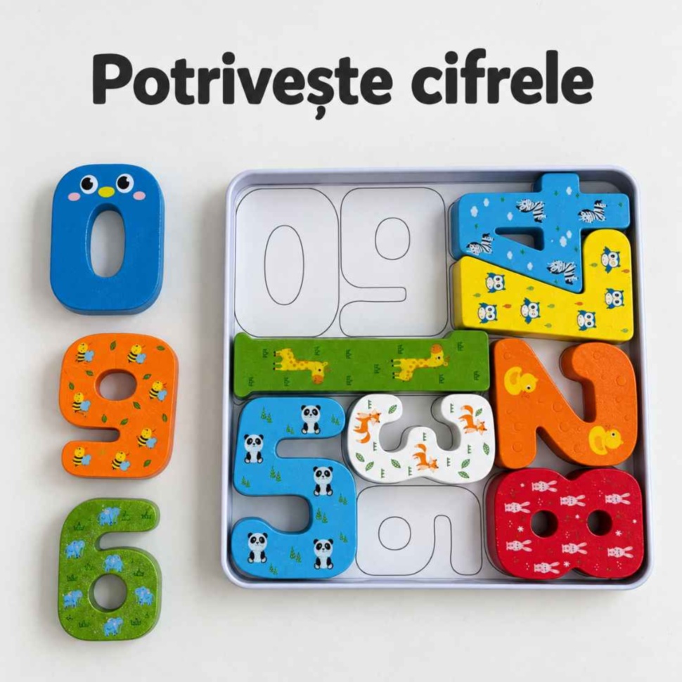 Cifrele din lemn 0, 9 și 6 lângă cutia cu șablon imprimat pentru potrivirea pieselor