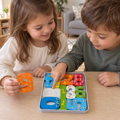 Puzzle educativ din lemn cu cifre și animale