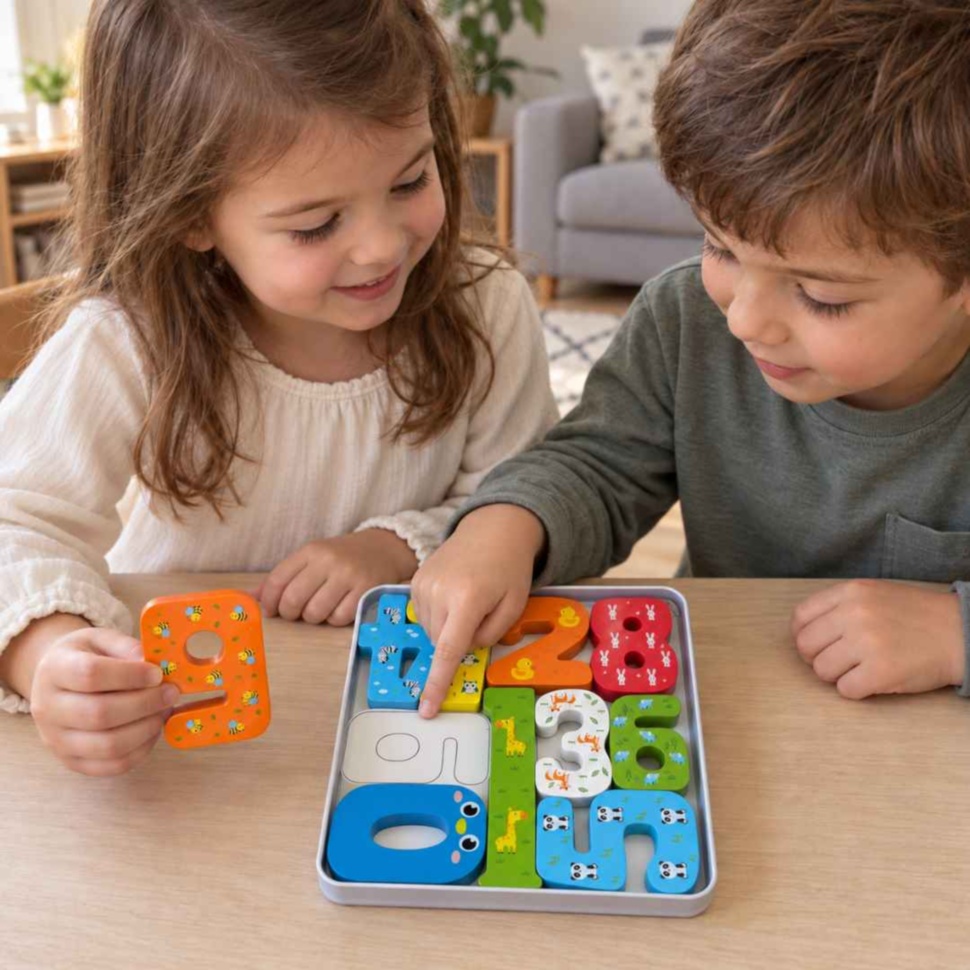 Doi copii se joacă împreună cu puzzle-ul: fetița ține cifra 9, iar băiatul indică locul pe șablon