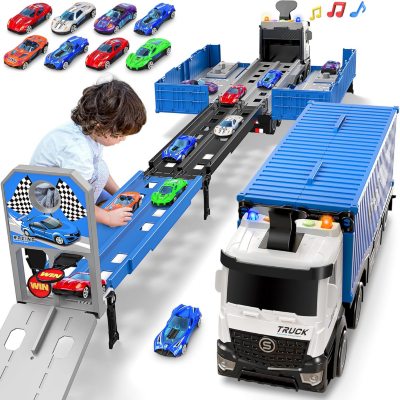 Tir Transportator cu Piste și Mașinuțe Metalice – Set Interactiv 2-în-1 | image
