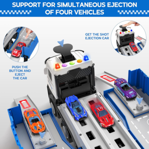 Tir Transportator cu Piste și Mașinuțe Metalice – Set Interactiv 2-în-1