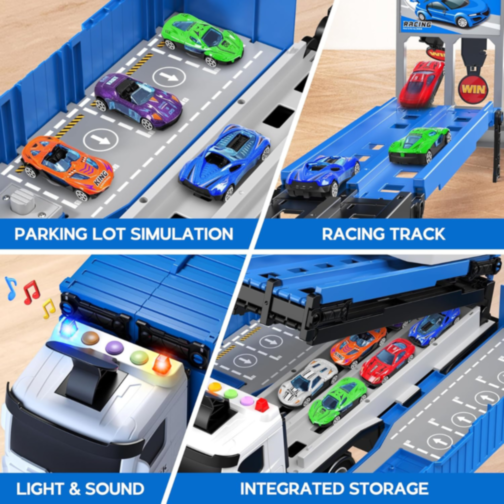 Tir Transportator cu Piste și Mașinuțe Metalice – Set Interactiv 2-în-1
