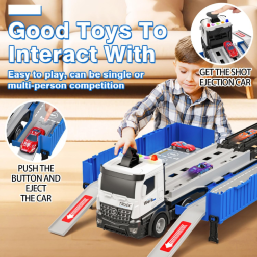 Tir Transportator cu Piste și Mașinuțe Metalice – Set Interactiv 2-în-1