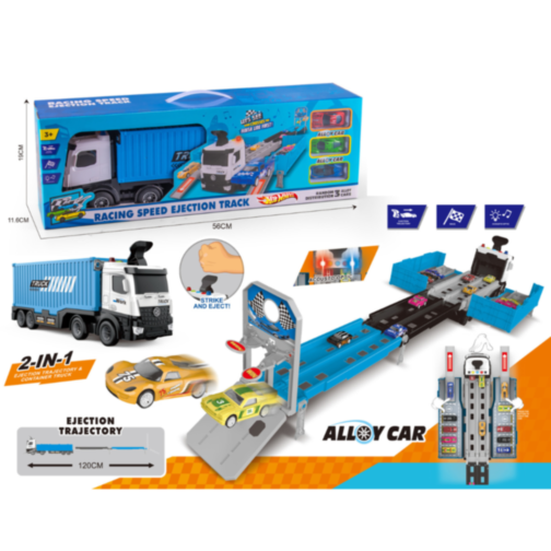 Tir Transportator cu Piste și Mașinuțe Metalice – Set Interactiv 2-în-1